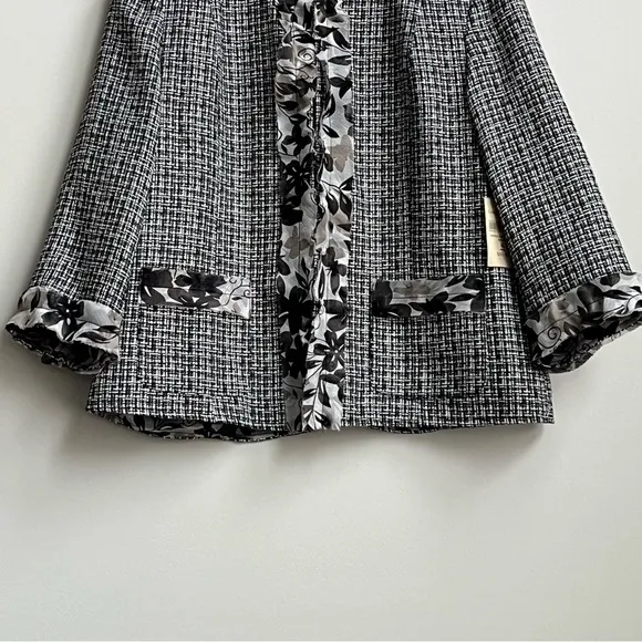 New Coldwater Creek 3/4 Sleeve Black White Tweed Jacket Chiffon Trim 16  Floral