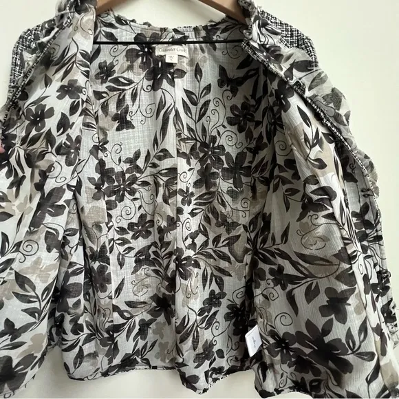New Coldwater Creek 3/4 Sleeve Black White Tweed Jacket Chiffon Trim 16  Floral