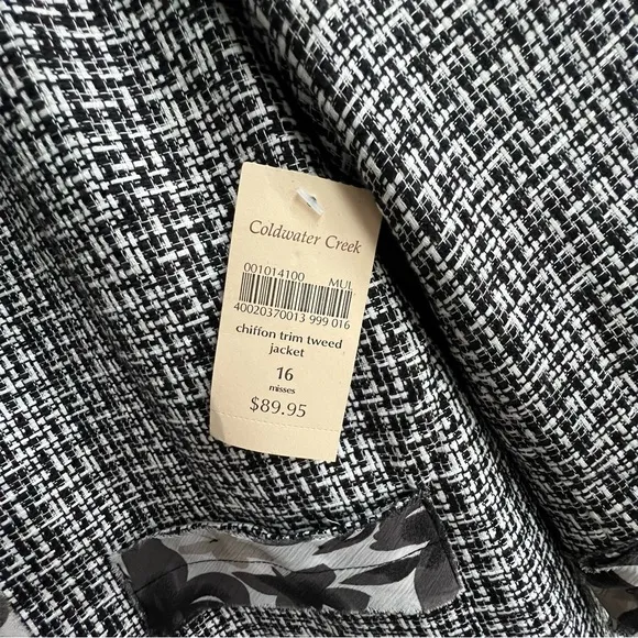 New Coldwater Creek 3/4 Sleeve Black White Tweed Jacket Chiffon Trim 16  Floral