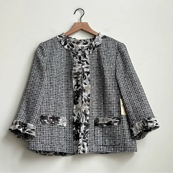 New Coldwater Creek 3/4 Sleeve Black White Tweed Jacket Chiffon Trim 16  Floral