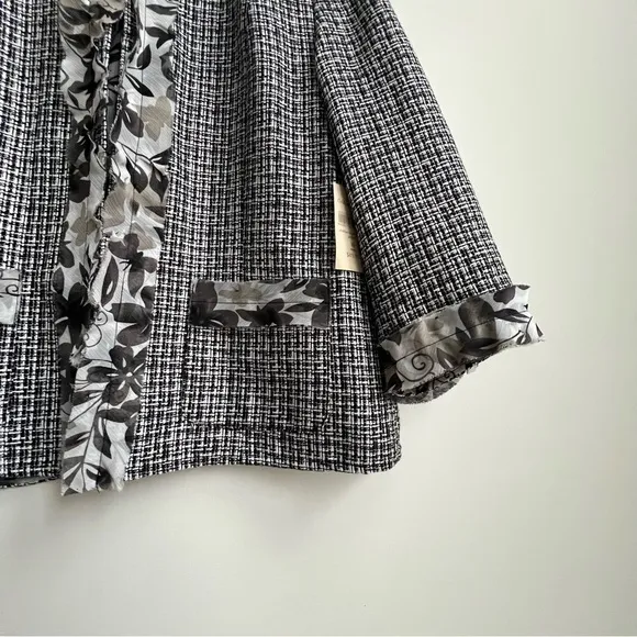 New Coldwater Creek 3/4 Sleeve Black White Tweed Jacket Chiffon Trim 16  Floral