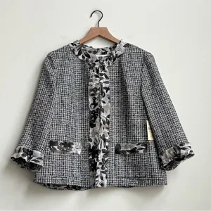 New Coldwater Creek 3/4 Sleeve Black White Tweed Jacket Chiffon Trim 16  Floral