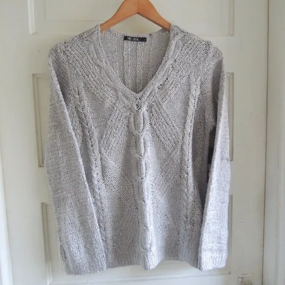 NIC ZOE Silver Cable Wave Ribbon Sweater L NWT