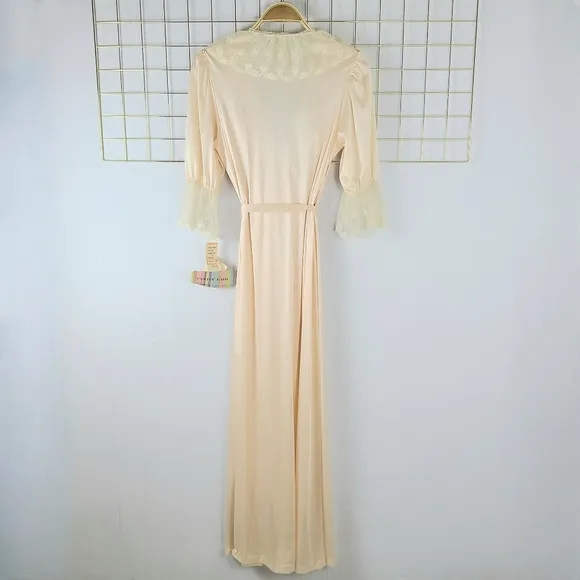 NWT Vanity Fair Satin Nylon Soft Peach Pink Lace Trim Long Vintage Robe