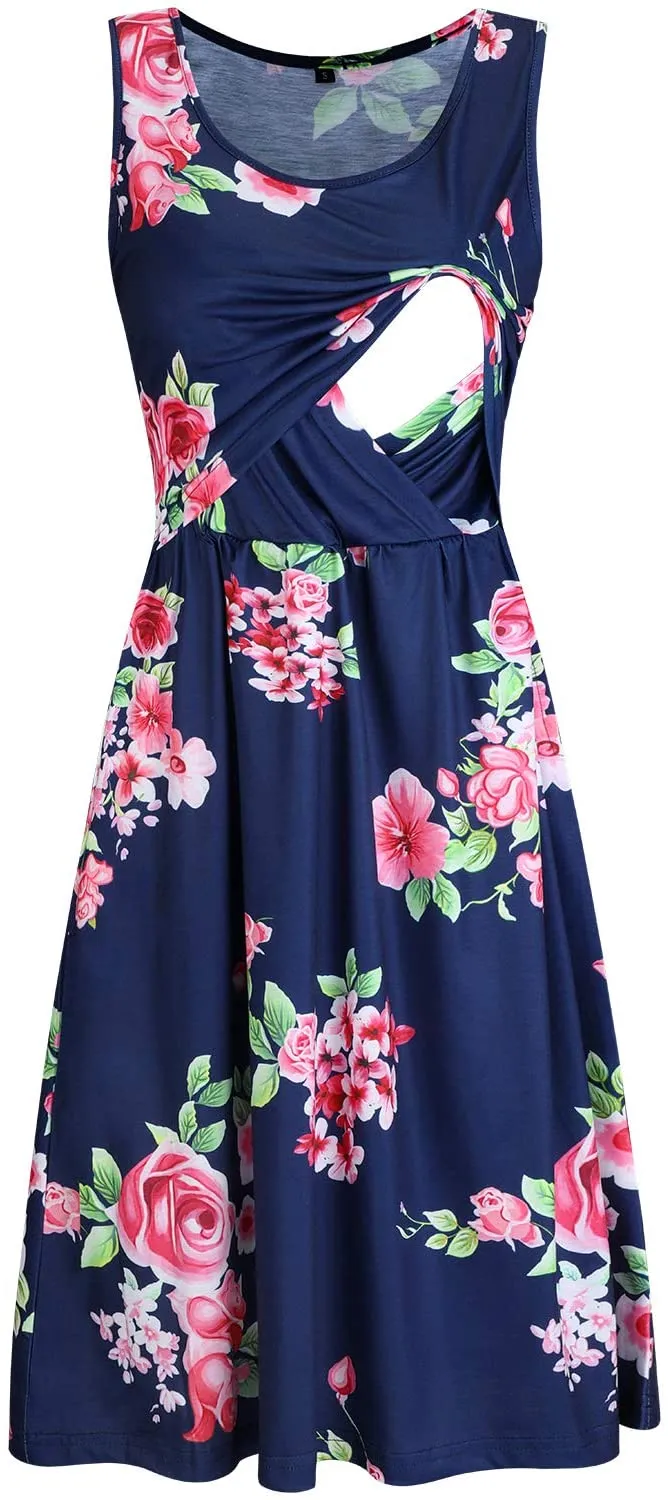 OUGES Womens Maternity Dress with Pockets Sleeveless Summer Nursing Dresses for Breastfeeding, Size Medium