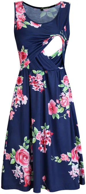 OUGES Womens Maternity Dress with Pockets Sleeveless Summer Nursing Dresses for Breastfeeding, Size Medium