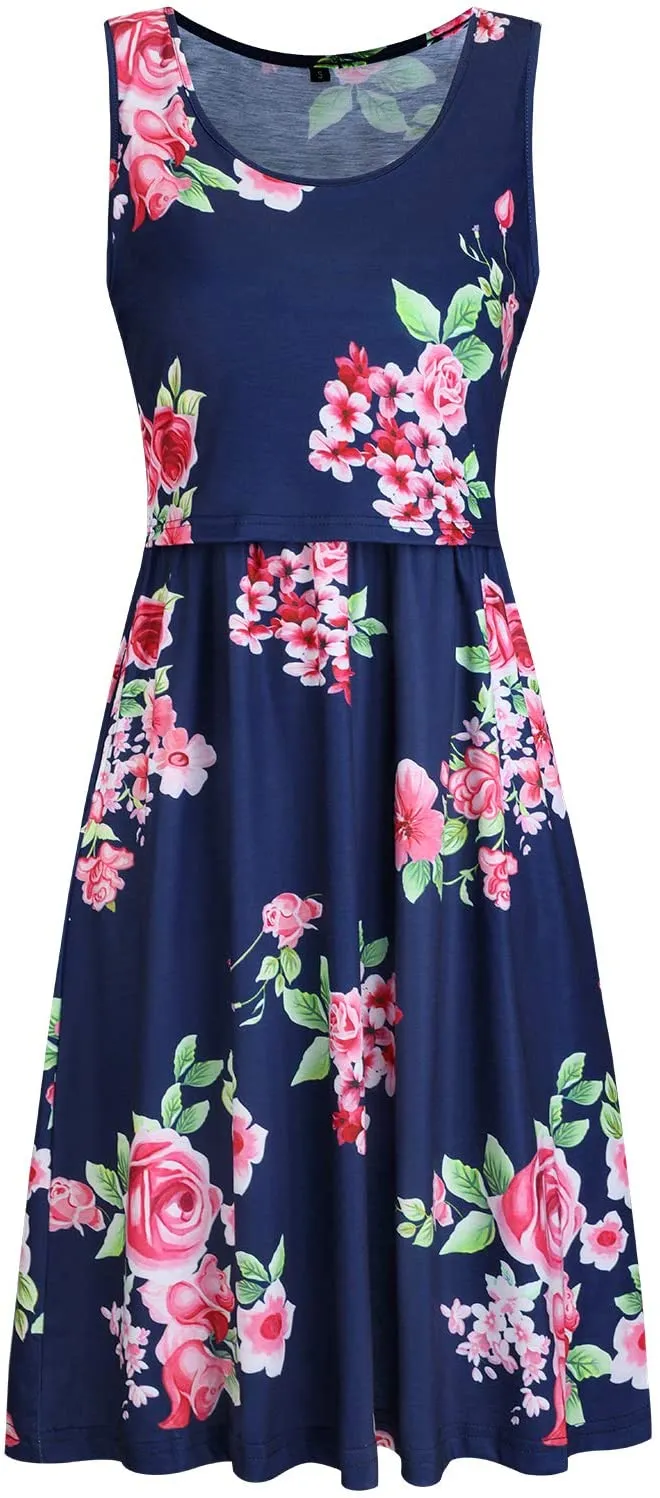 OUGES Womens Maternity Dress with Pockets Sleeveless Summer Nursing Dresses for Breastfeeding, Size Medium