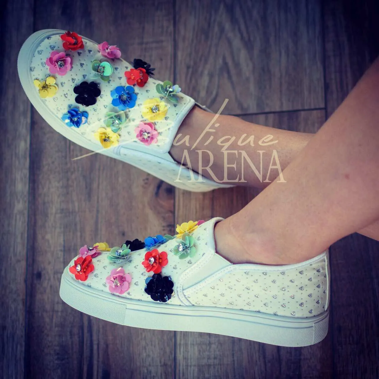 Pantofi casual dama flori Curcubeu englund albi