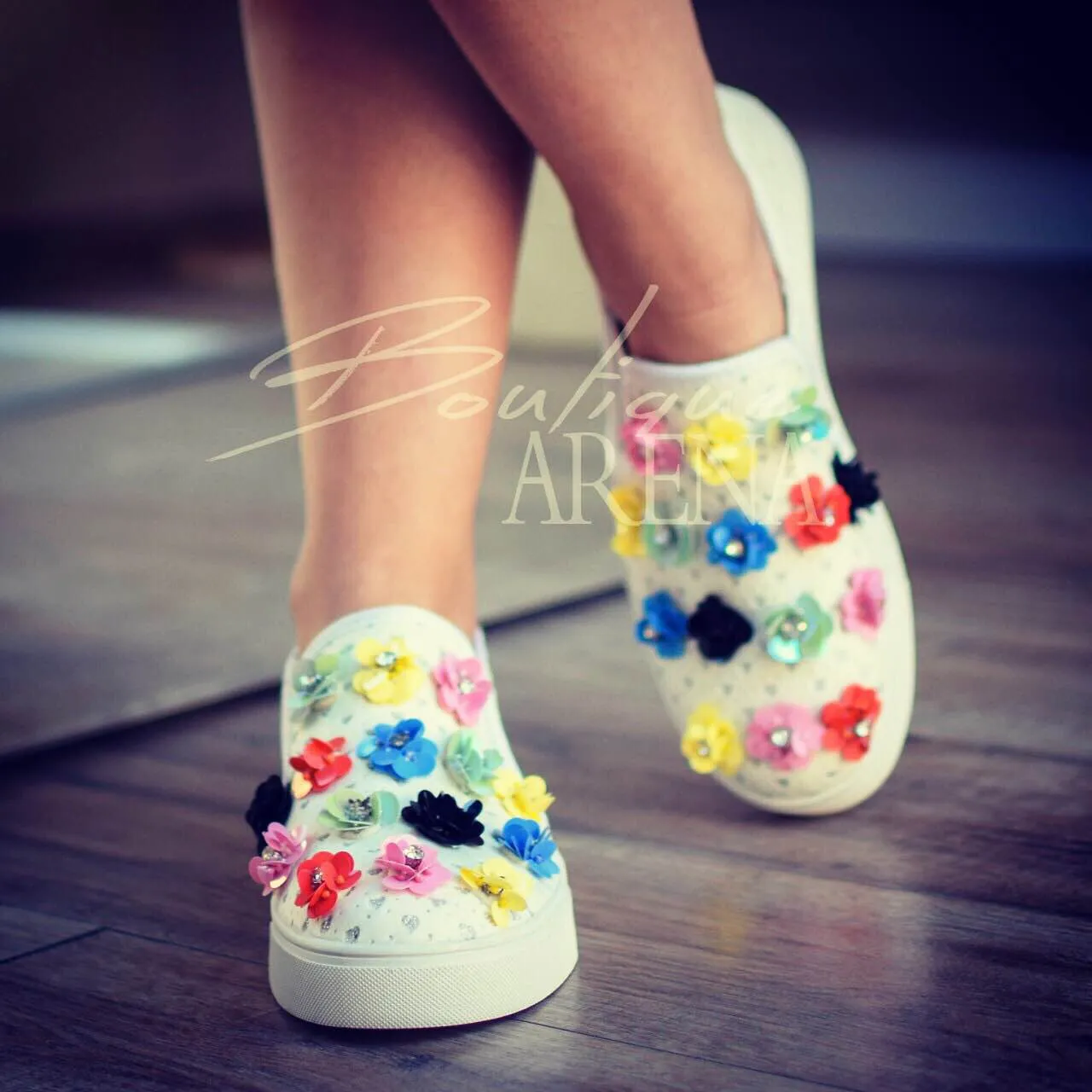 Pantofi casual dama flori Curcubeu englund albi