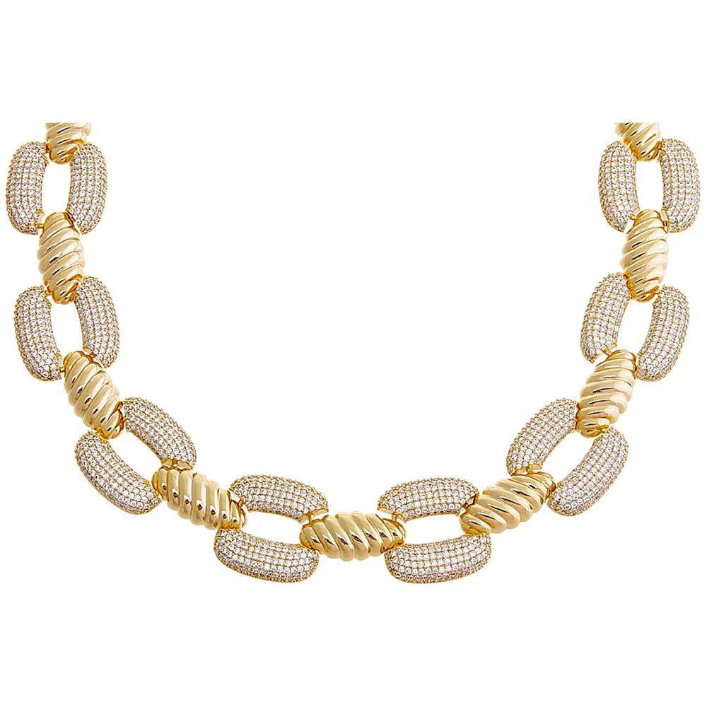 Pave Ridged Open Flat Square Link Choker Necklace