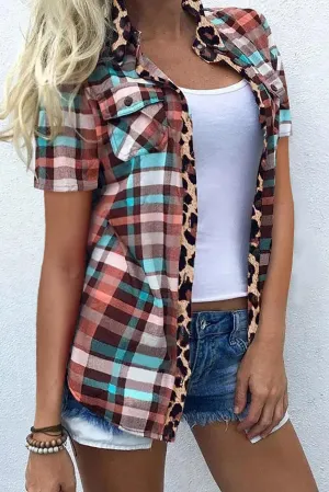 Plaid Leopard Patchwork Pocket Short Sleeve Shirt
