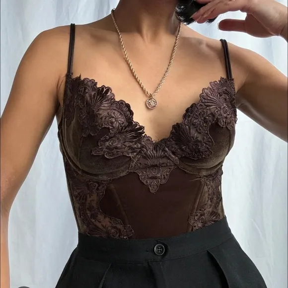 Rare Vintage Victoria's Secret July 1997 Velour and Lace Detailed Brown Bustier