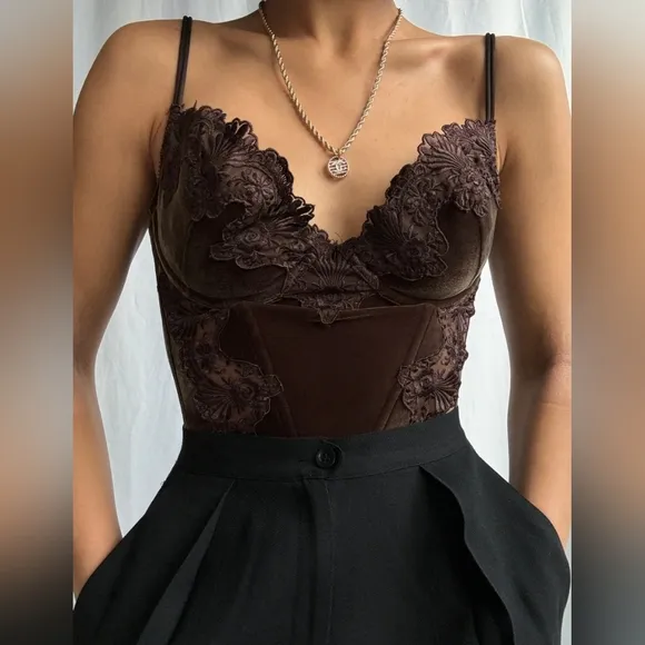 Rare Vintage Victoria's Secret July 1997 Velour and Lace Detailed Brown Bustier