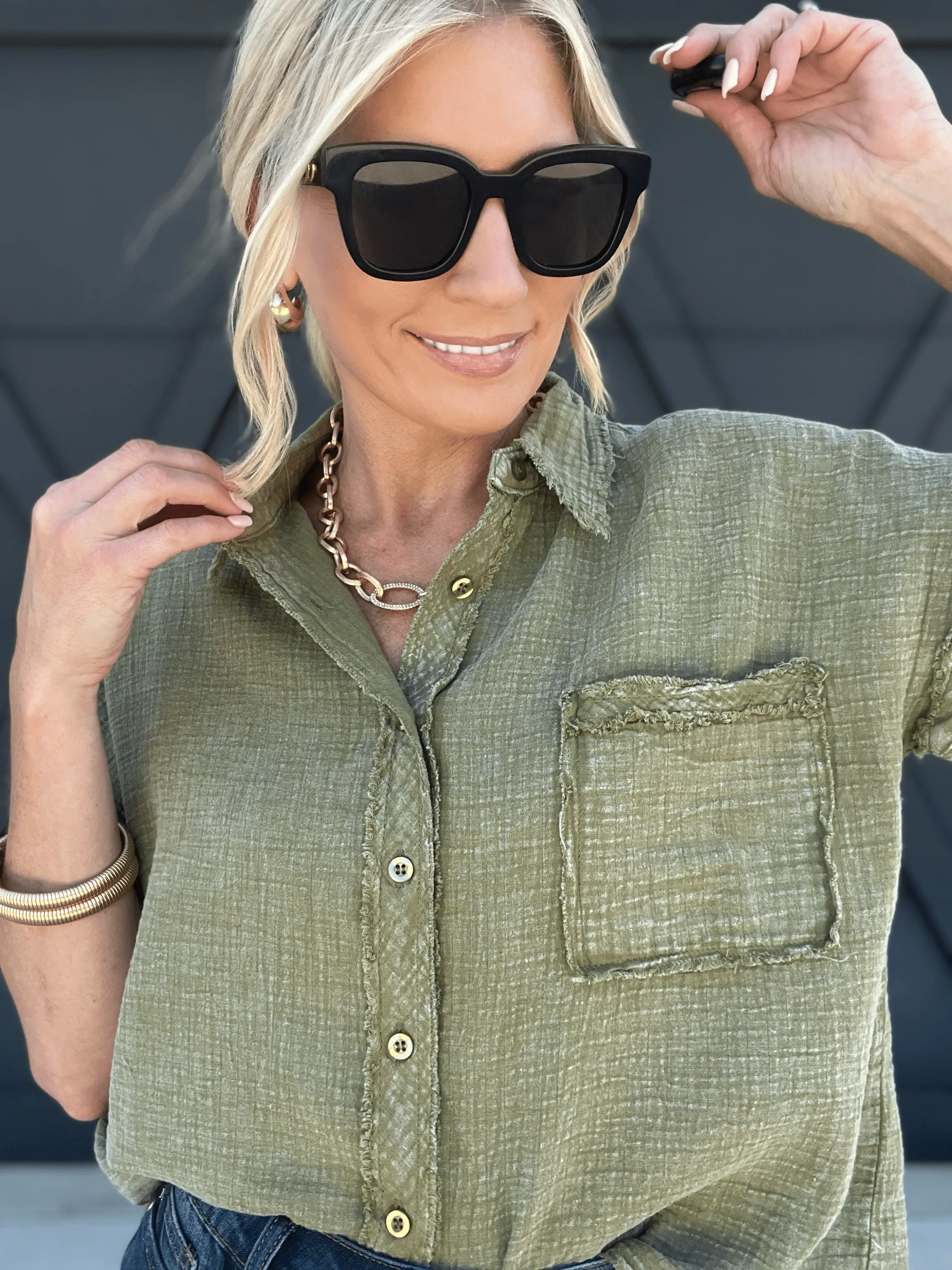 Raw Edge Button Top In Dark Olive