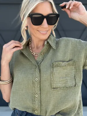 Raw Edge Button Top In Dark Olive