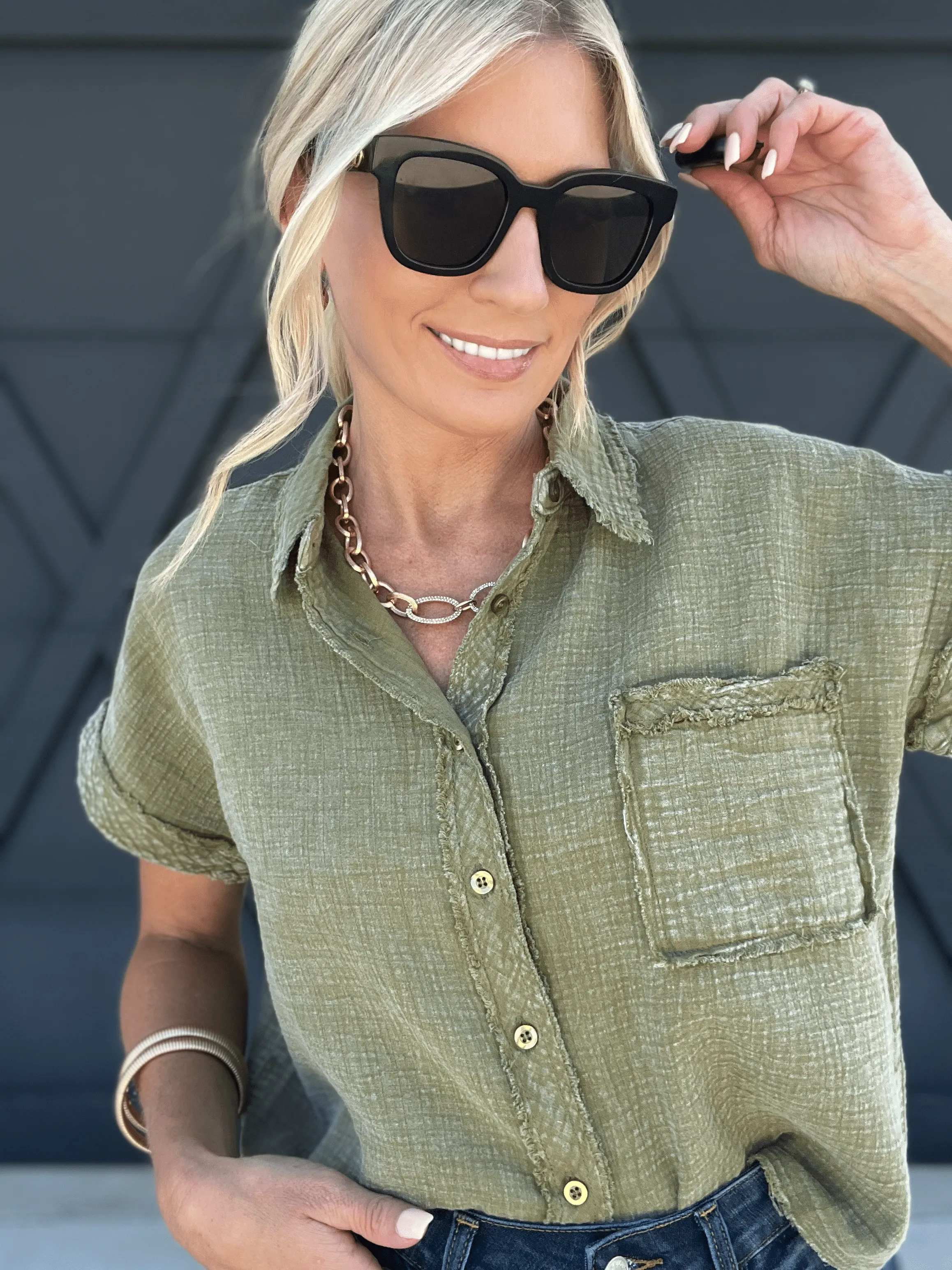 Raw Edge Button Top In Dark Olive
