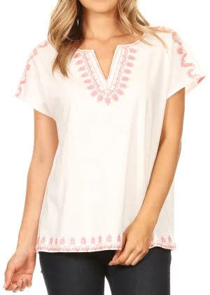 Sakkas Ryan Short Sleeve Dolman Embroidered Split Neck Top