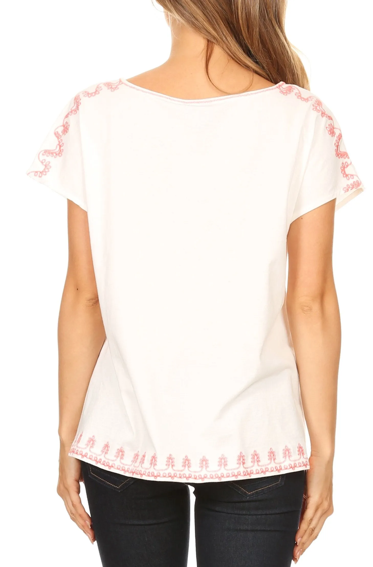 Sakkas Ryan Short Sleeve Dolman Embroidered Split Neck Top