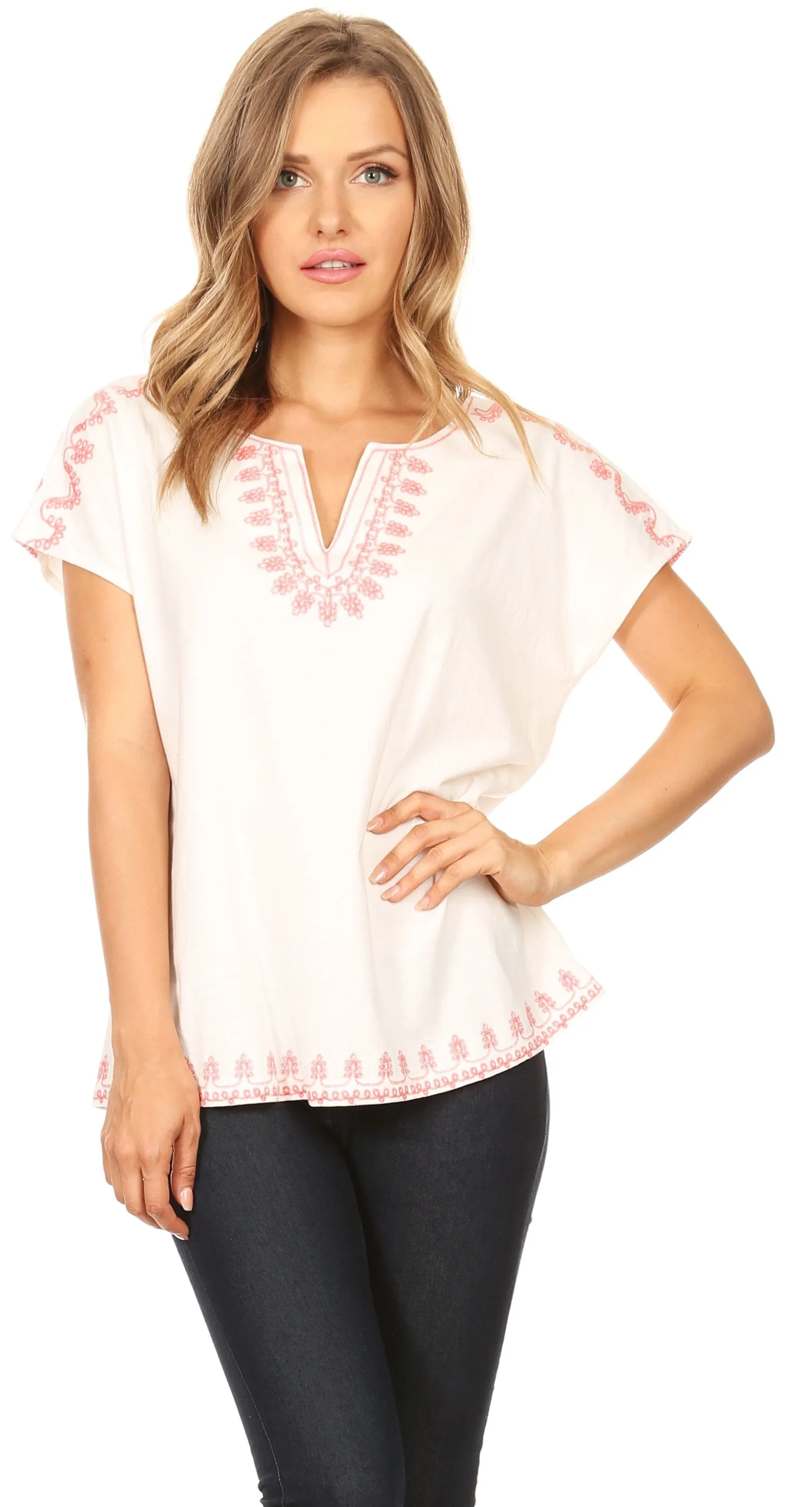 Sakkas Ryan Short Sleeve Dolman Embroidered Split Neck Top