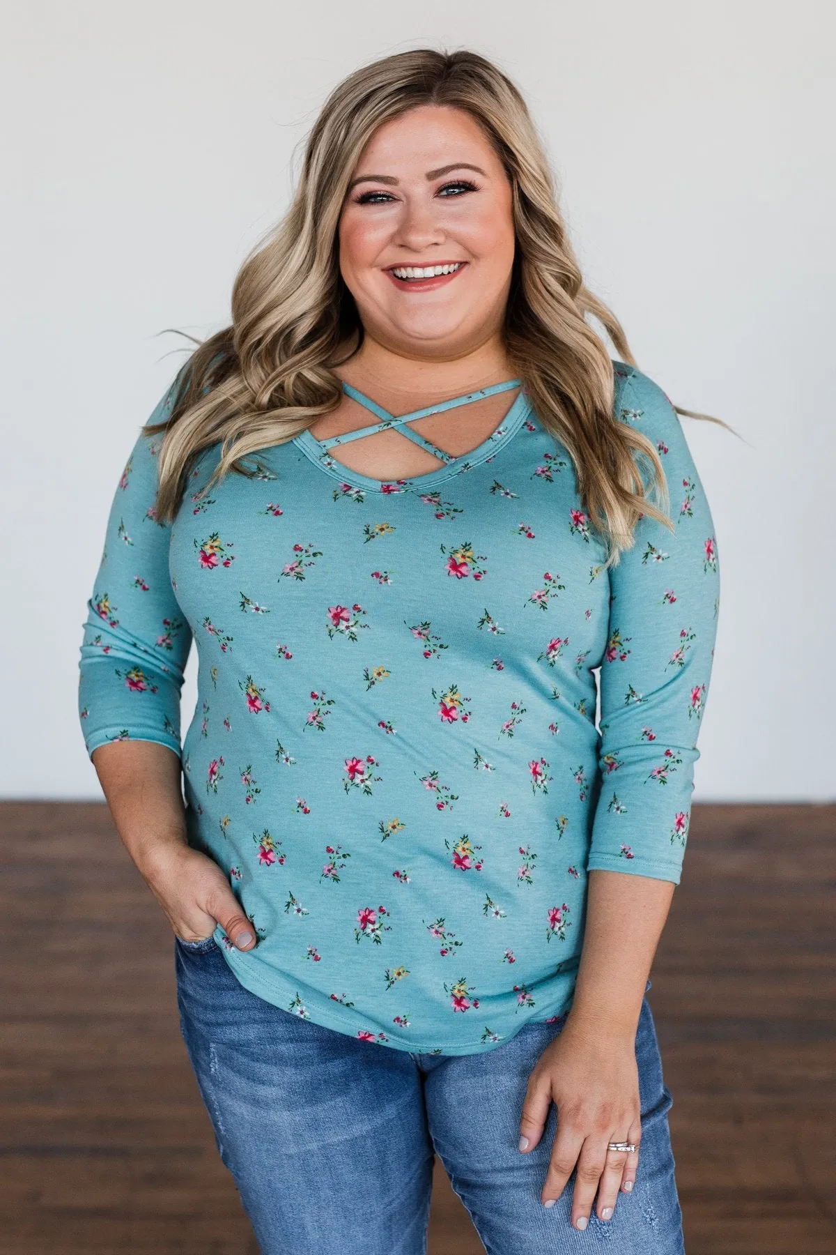 Scents of the Season Floral Criss Cross Top- Teal