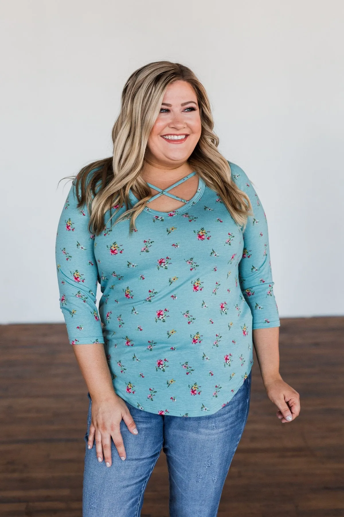 Scents of the Season Floral Criss Cross Top- Teal