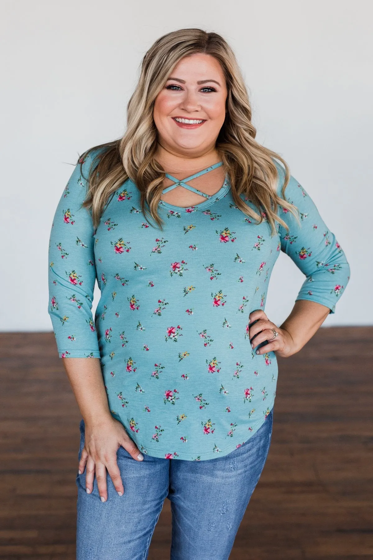 Scents of the Season Floral Criss Cross Top- Teal