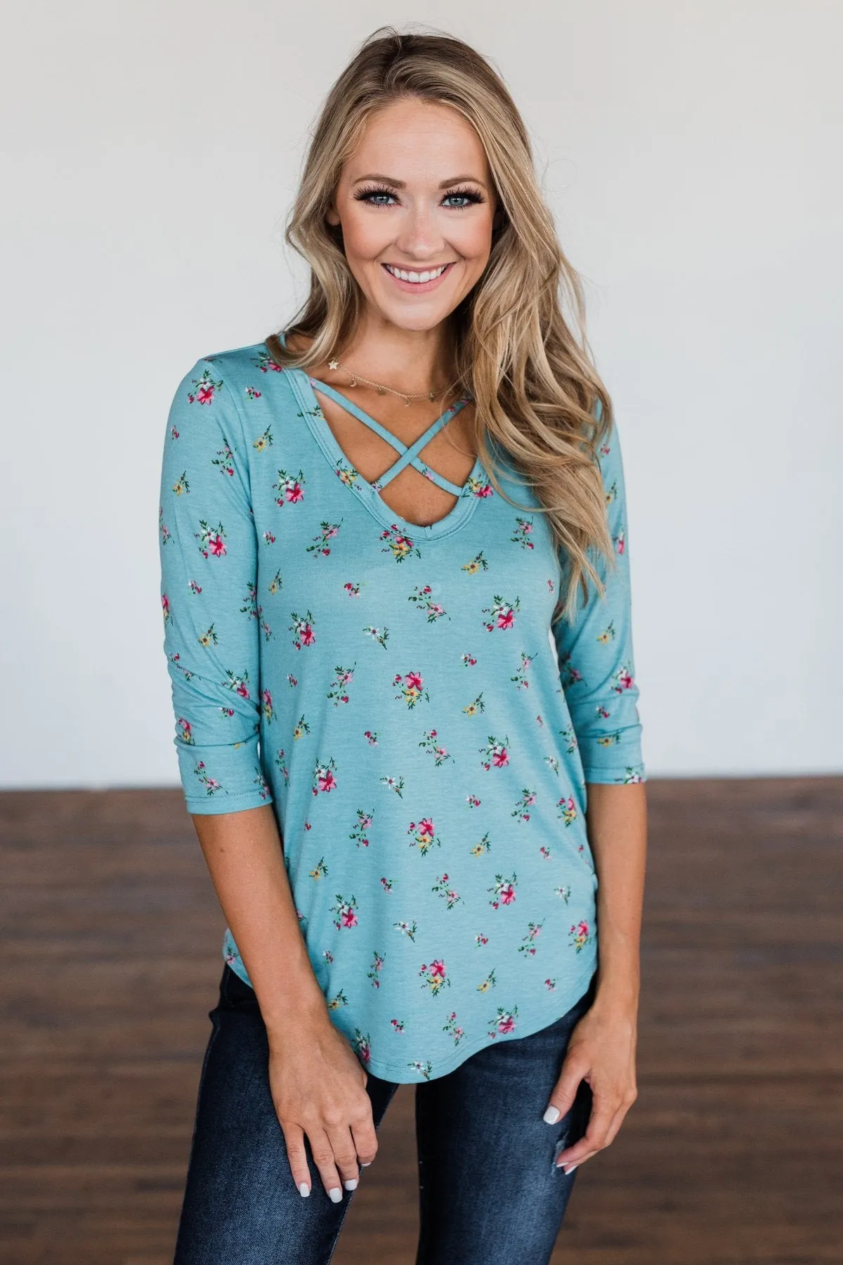 Scents of the Season Floral Criss Cross Top- Teal