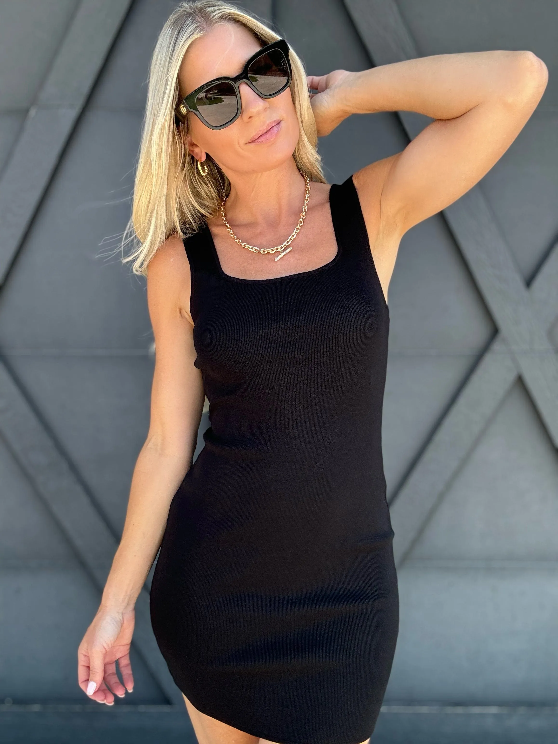 Scoop Neck Bodycon Sweater Dress In Black