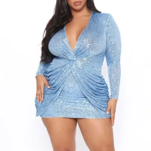Sequins Deep V-Neck Long Sleeve Ruched Plus Size Bodycon Dress