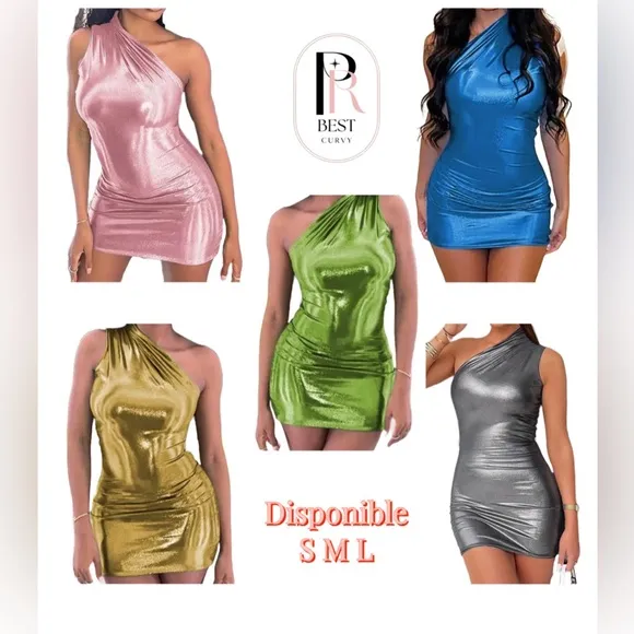 Sexy Metallic Dress Lady Women Womenswear Allure One-Shoulder Design - Gorgeous