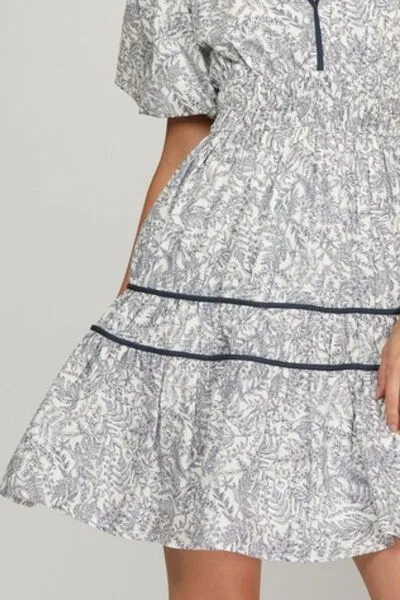 She   Sky Full Size Printed V-Neck Puff Sleeve Tiered Dress Plus Size