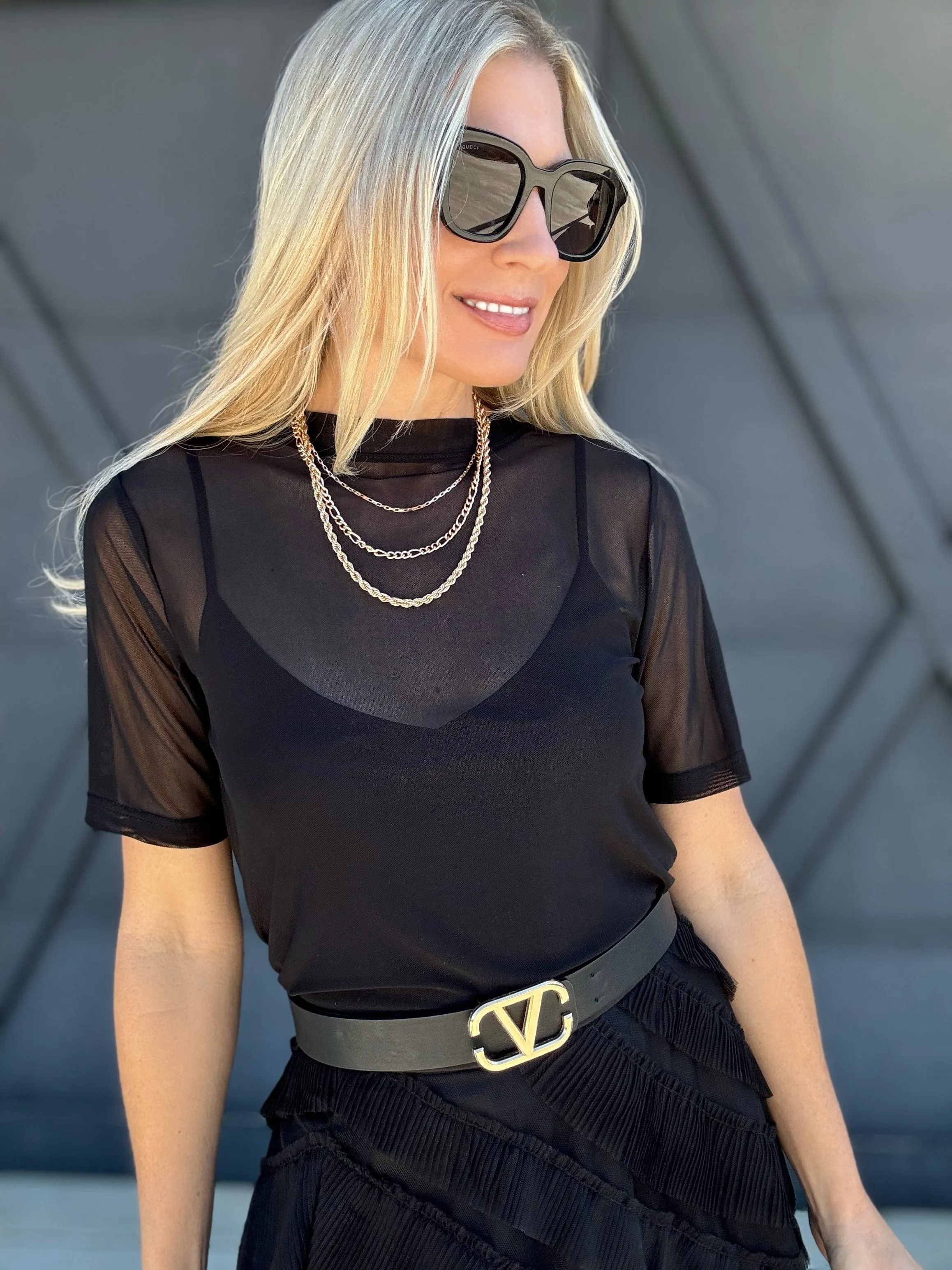 Short Sleeve Mesh Top In Black