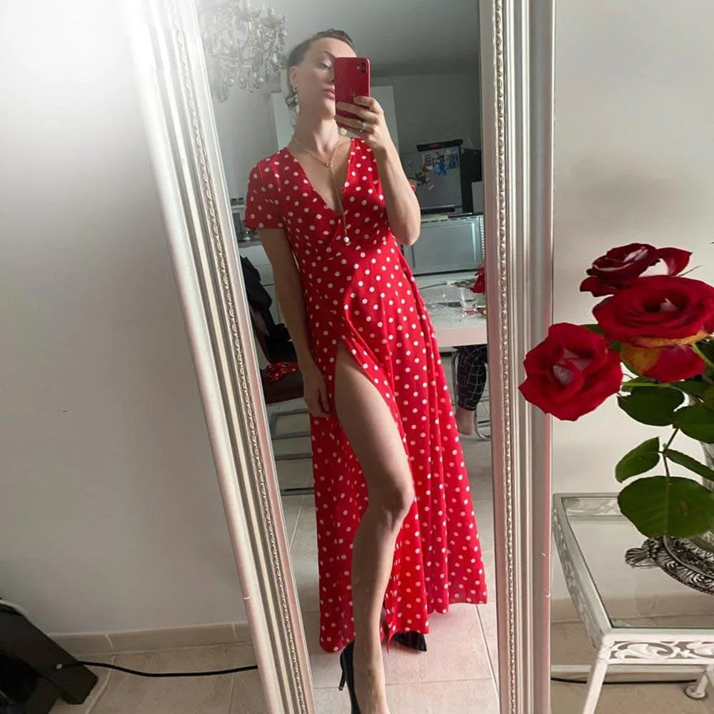 Short Sleeve Polka Dot Maxi Dress
