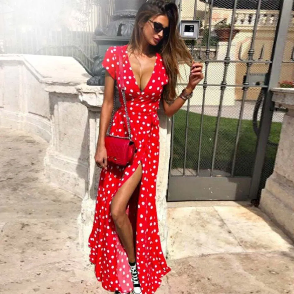 Short Sleeve Polka Dot Maxi Dress