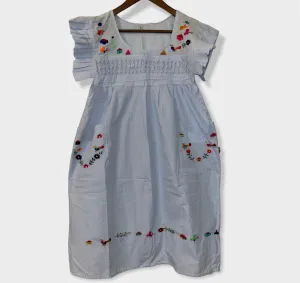 Size S Traditional Embroidered Checkered BabyBlue Dress from El Salvador-Vestido