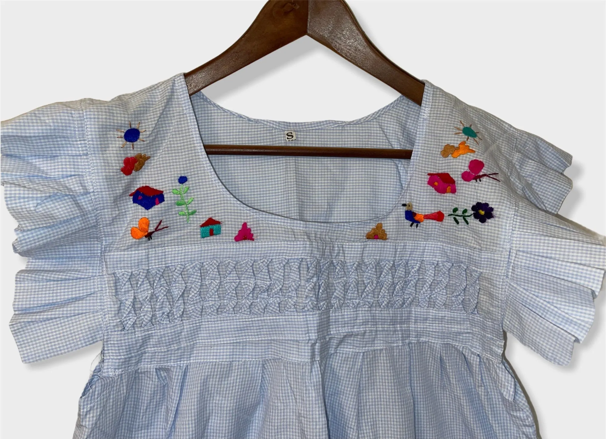 Size S Traditional Embroidered Checkered BabyBlue Dress from El Salvador-Vestido