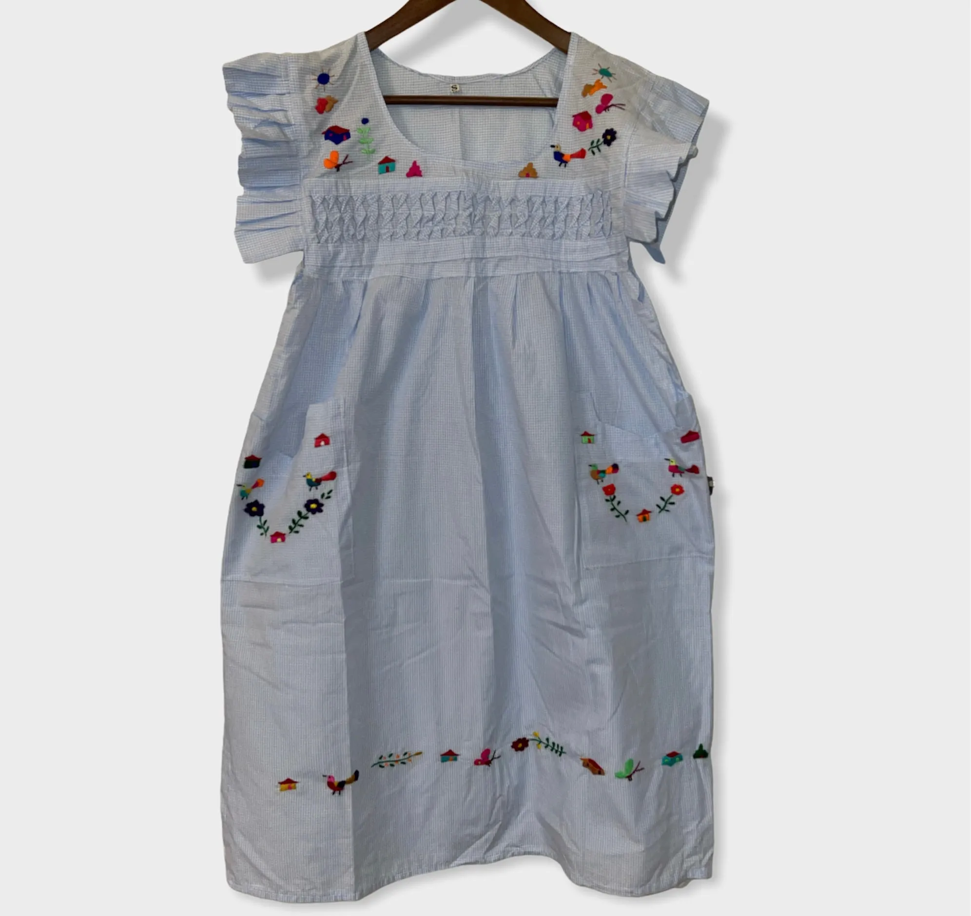 Size S Traditional Embroidered Checkered BabyBlue Dress from El Salvador-Vestido