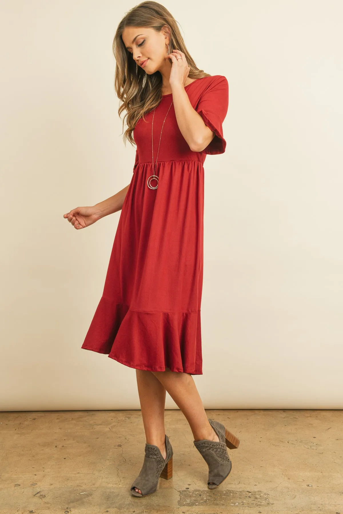 Solid Cinch Waist Ruffle Dress