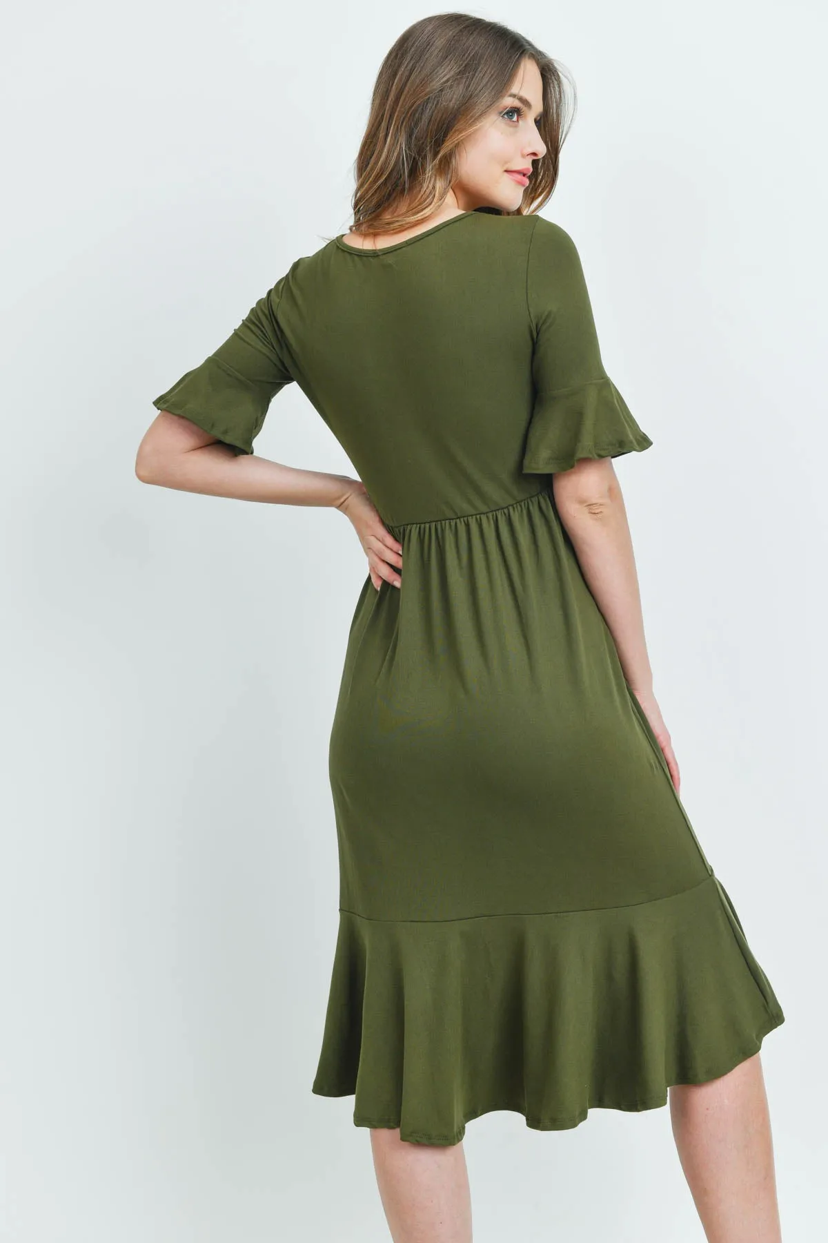 Solid Cinch Waist Ruffle Dress