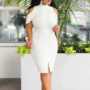 Solid Cold Shoulder Beaded Slit Bodycon Dress
