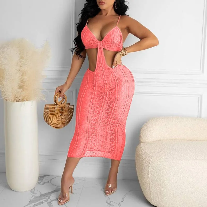 Solid Deep V-Neck Hollow Out See Through Dress