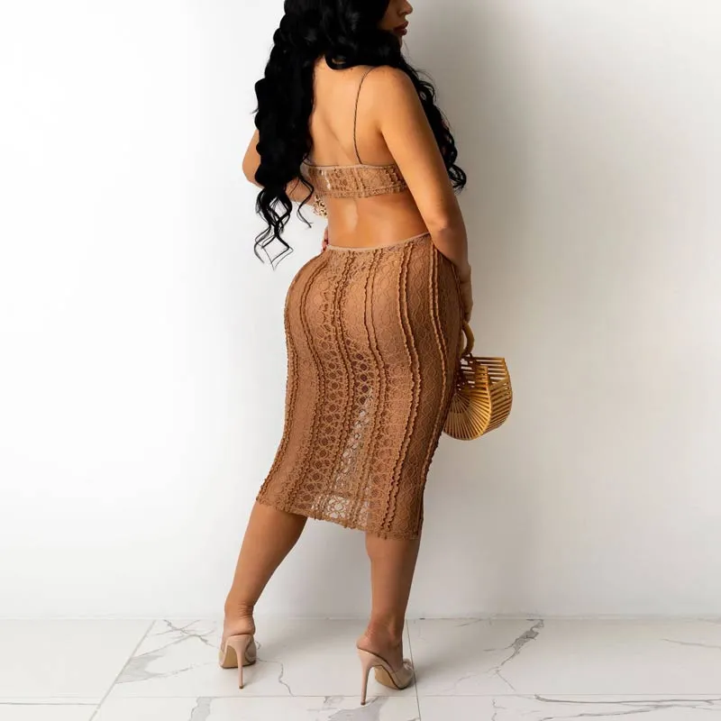 Solid Deep V-Neck Hollow Out See Through Dress