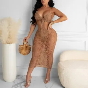 Solid Deep V-Neck Hollow Out See Through Dress