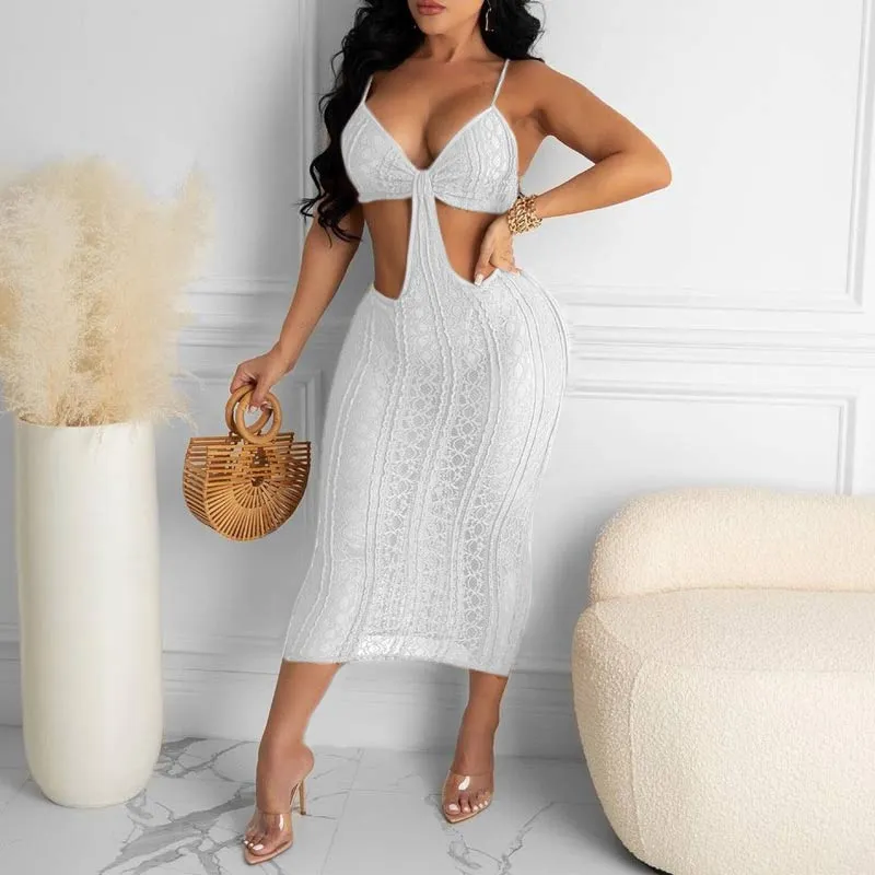 Solid Deep V-Neck Hollow Out See Through Dress