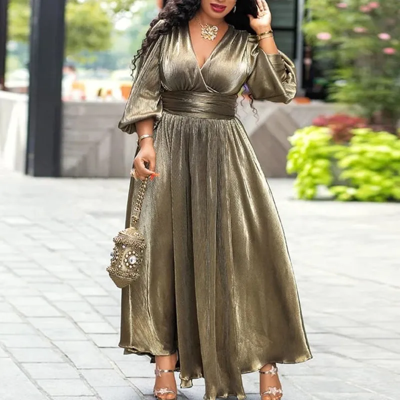 Solid Deep V-Neck Long Sleeve High Split Dress