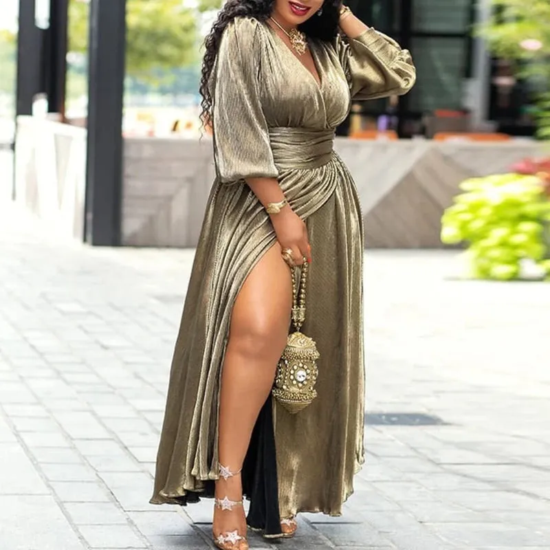 Solid Deep V-Neck Long Sleeve High Split Dress