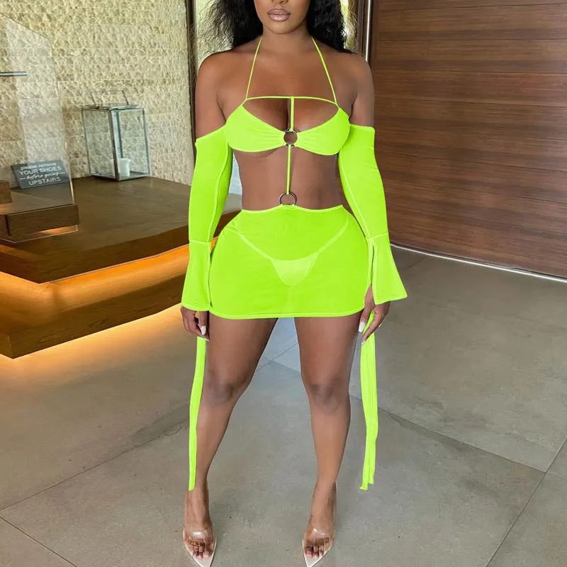 Solid Halter Hollow Out Sheer Mesh Bodycon Dress