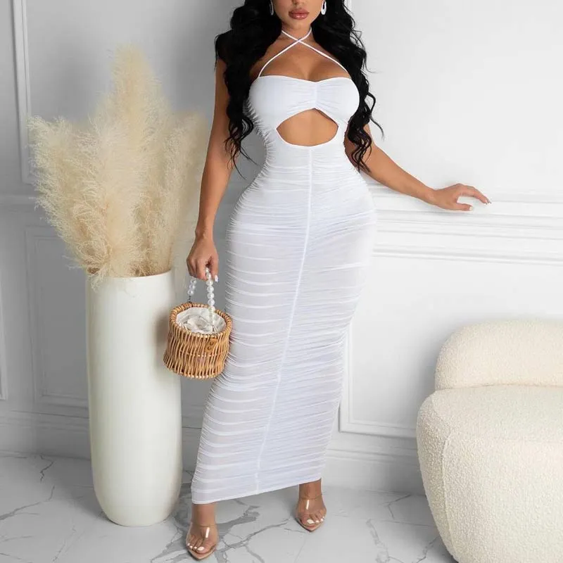 Solid Halter Sleeveless Cut Out Ruched Maxi Dress