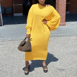 Solid Oblique Shoulder Lantern Sleeve Loose Dress