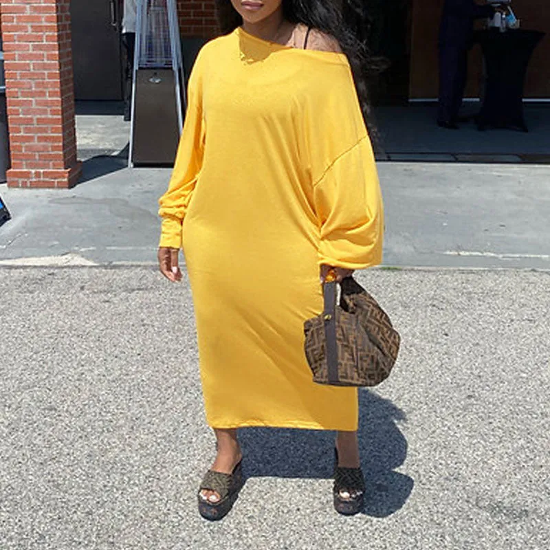 Solid Oblique Shoulder Lantern Sleeve Loose Dress